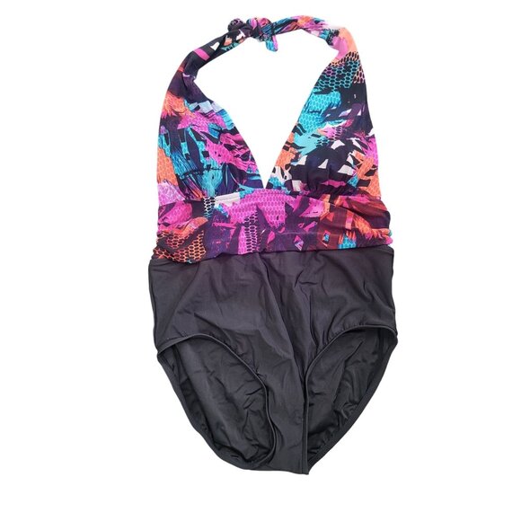 Aqua Green Womens Halter One-Piece Swimsuit With Black & Multicolor Abstract Des - Picture 2 of 7